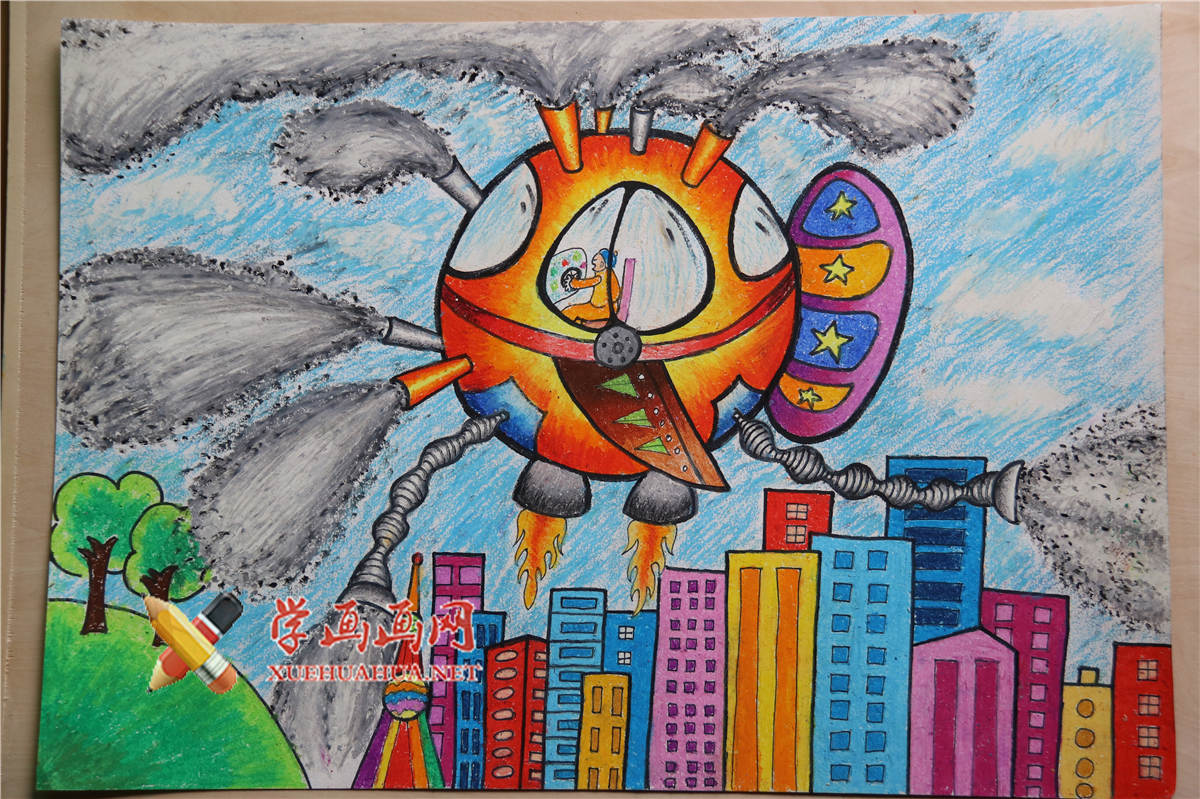 查看原始大图 三等奖中学生环保科幻画作品《雾霾吸收机》(1)