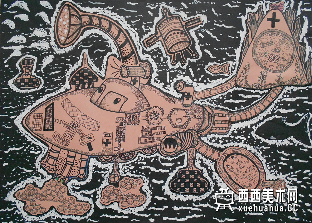 查看原始大图 二等奖小学生获奖科幻画《多功能潜水艇》赏析(1)