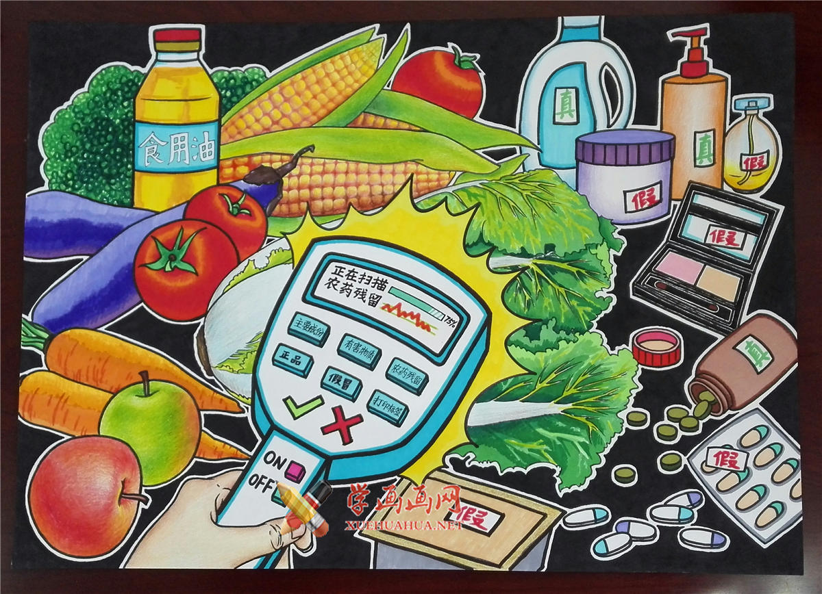 查看原始大图 小学生二等奖科幻画《便携式产品真伪分辨仪》(1)