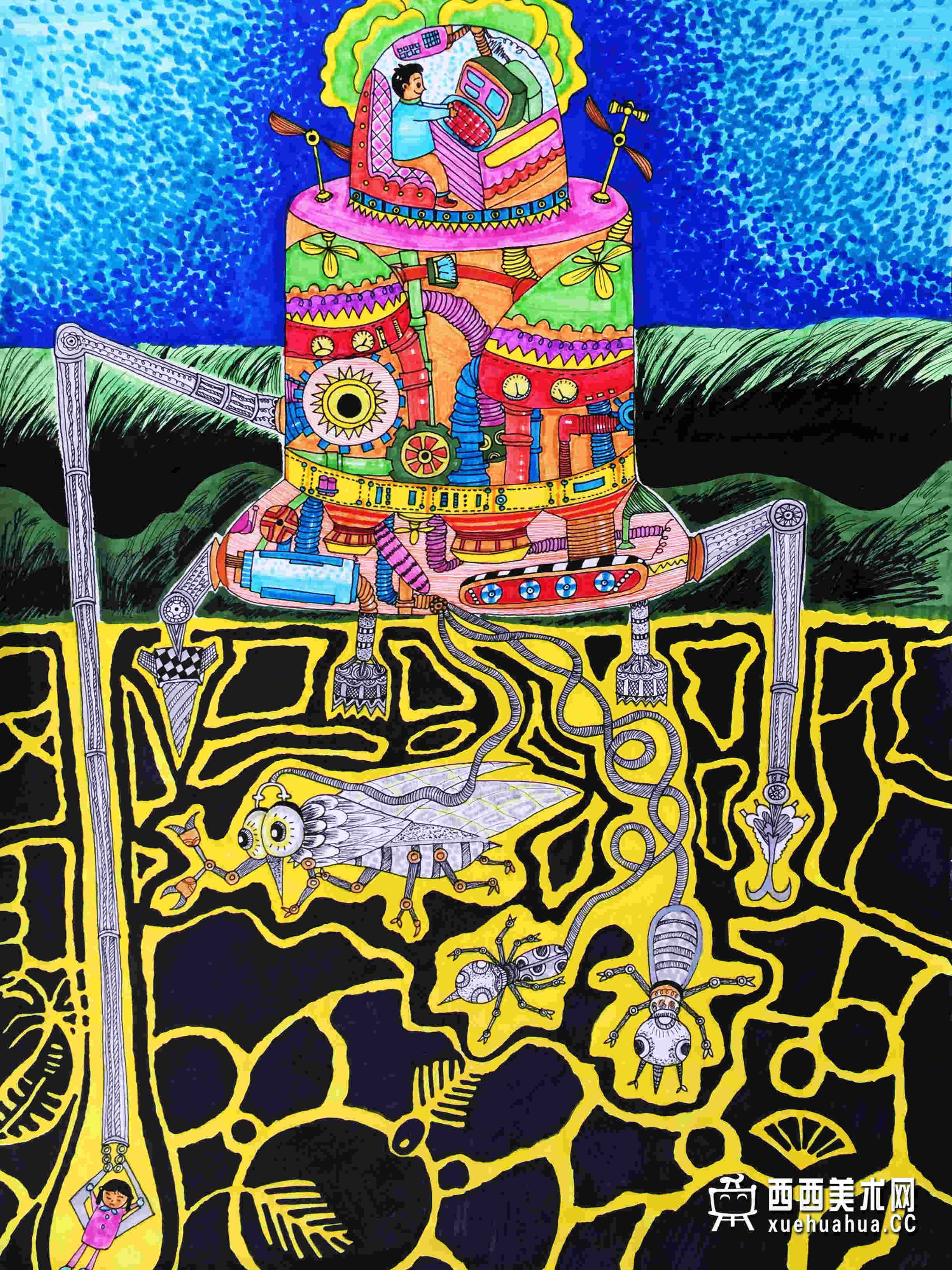 查看原始大图 一等奖小学生获奖科幻画《神奇的仿真体验机》赏析(1)