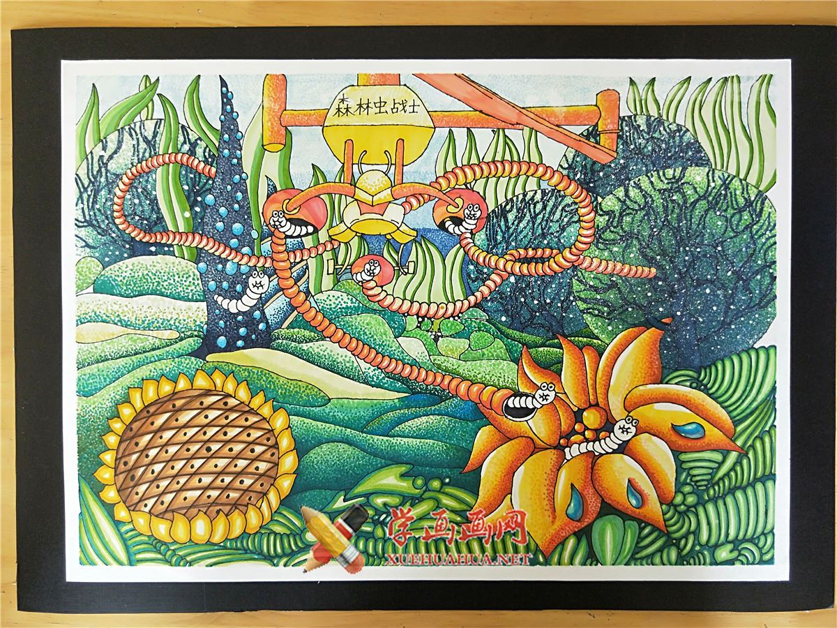 查看原始大图 小学生二等奖科幻画作品介绍《森林虫战士》(1)