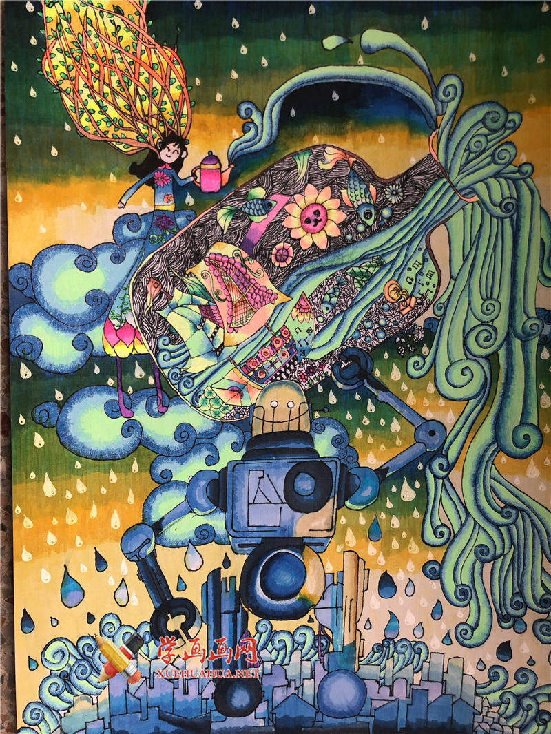 查看原始大图 二等奖优秀小学生科幻画《未来的生命源泉》鉴赏(1)