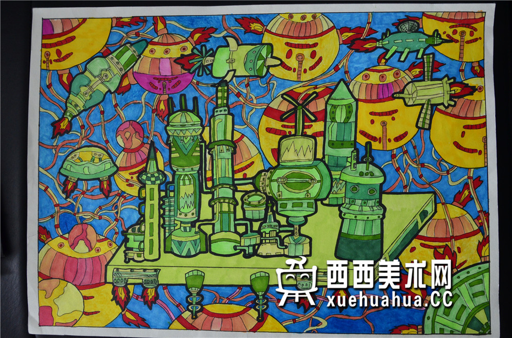 查看原始大图 优秀小学生获奖科幻画《未来太空采油机》欣赏(1)