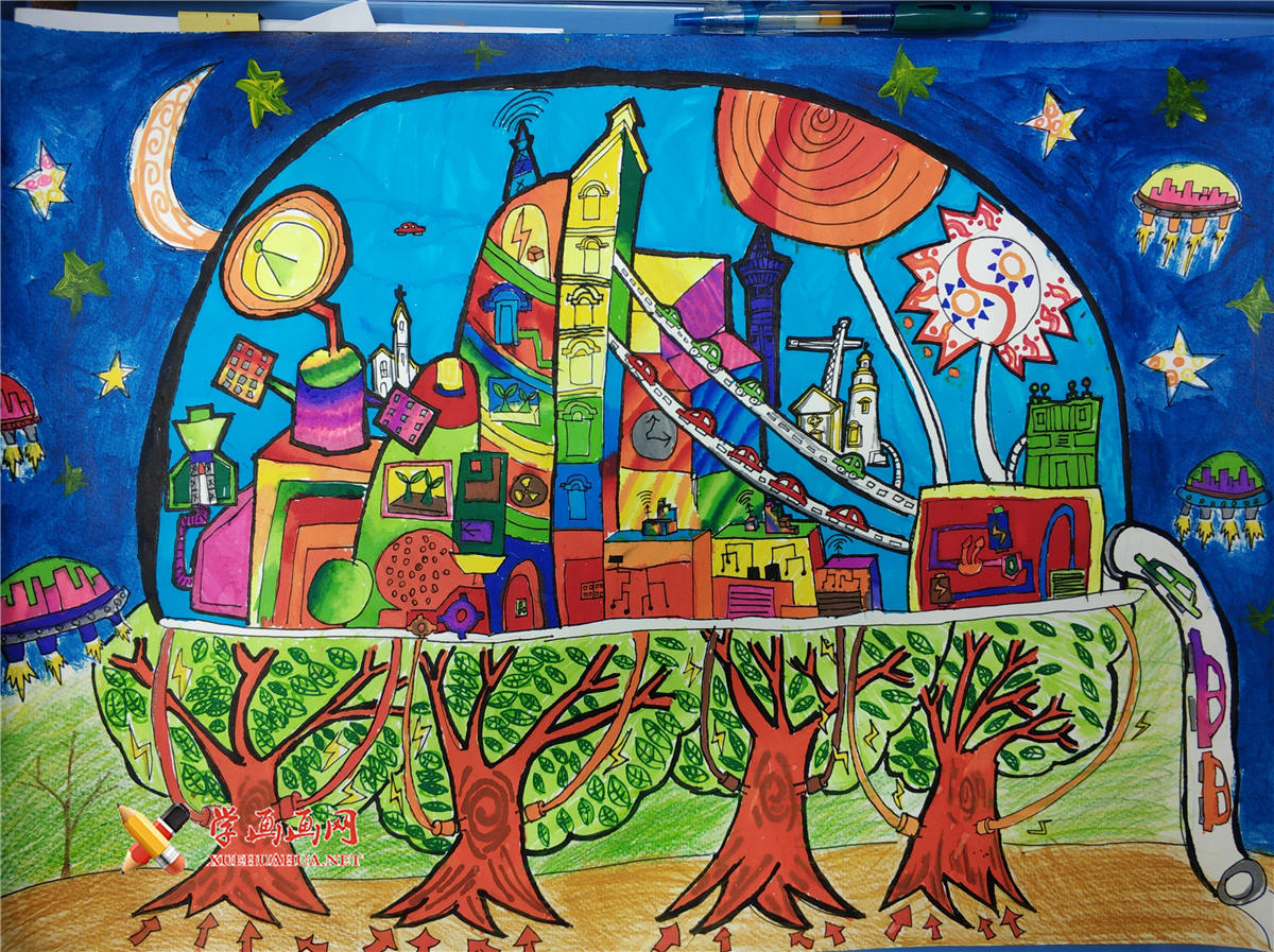 查看原始大图 三等奖小学生科幻画《绿色智能环保城》(1)