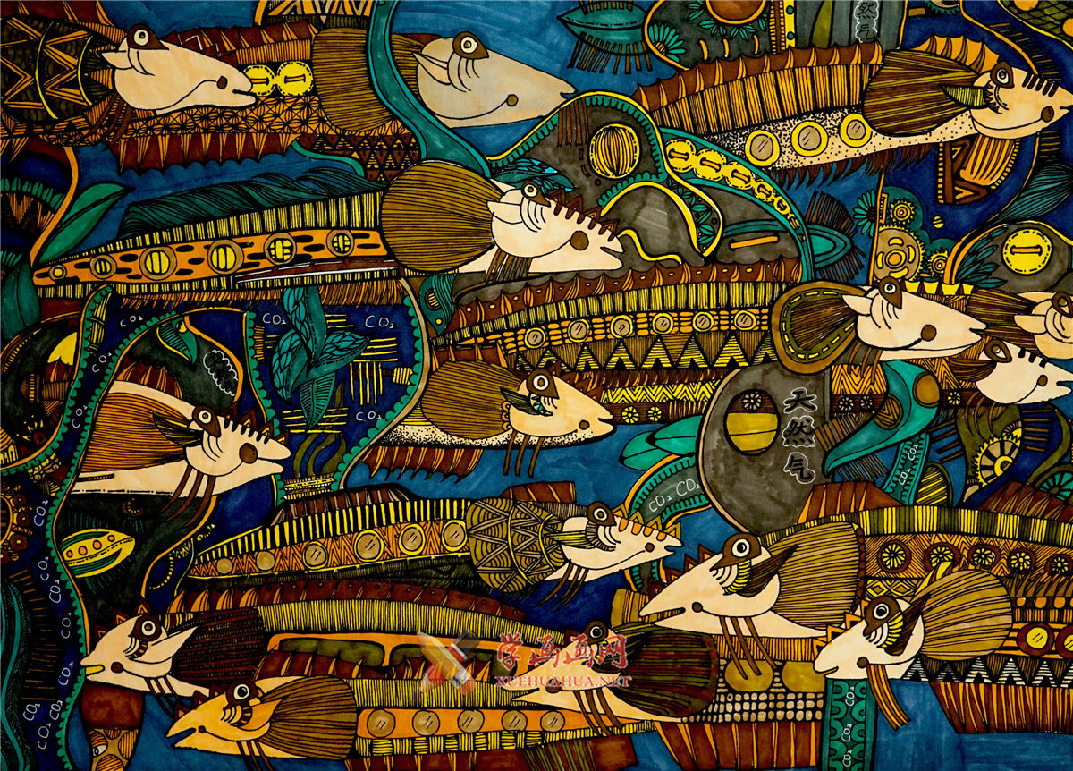 一等奖小学生环保科幻画《海底转换器---二氧化碳变成天然气》(1)