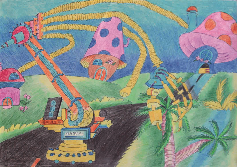 查看原始大图 三等奖儿童获奖科幻画《神奇的园林建造师》欣赏(1)