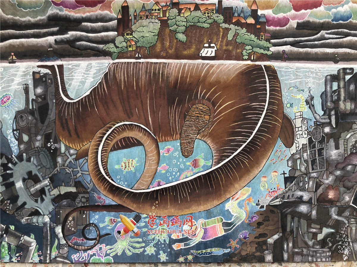 二等奖小学生科幻画作品《探秘恐龙岛》(1)