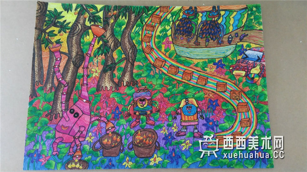 查看原始大图 中学生获奖科幻画《智能收梨加工机》(1)
