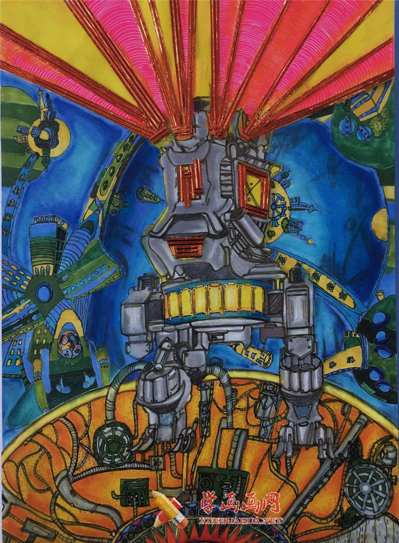 查看原始大图 小学生获奖儿科幻画赏析《海底聚光转换器》(1)