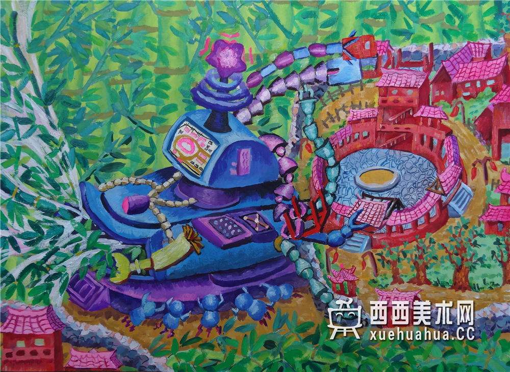 查看原始大图 一等奖儿童科幻画获奖作品《竹纤维3D打印防震仡佬村寨》(1)
