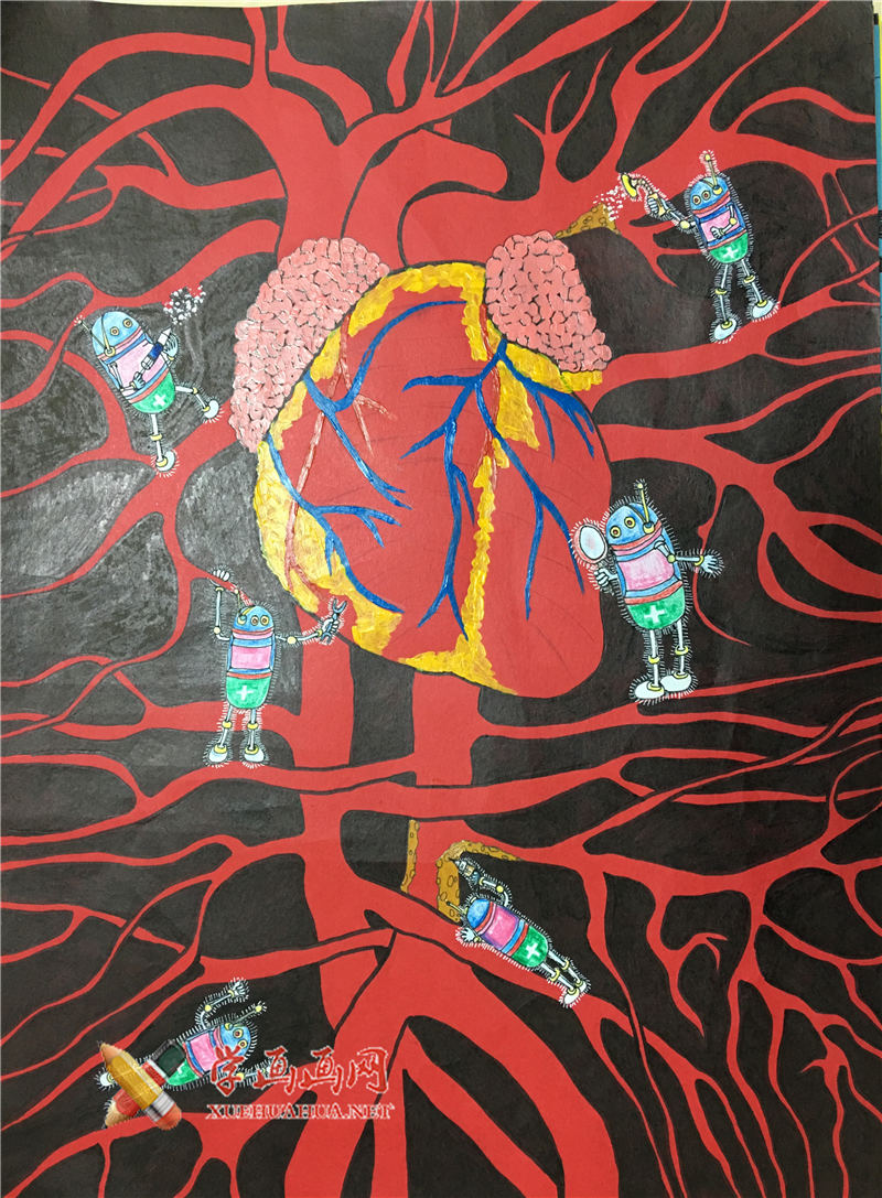 三等奖小学生科幻画《心脏守卫——纳米胶囊医生》(1)