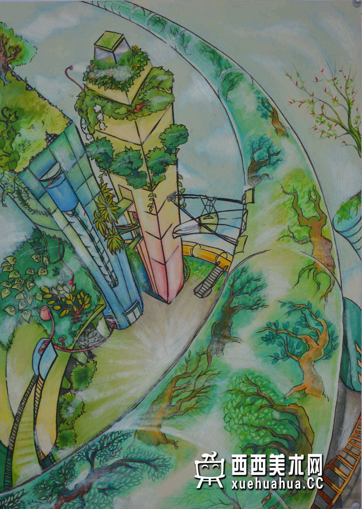 查看原始大图 优秀中学生获奖科幻画《空中植物园》欣赏(1)