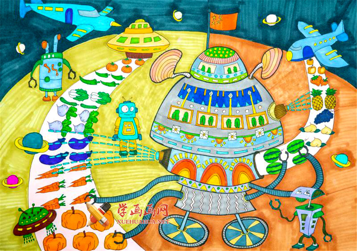 查看原始大图 二等奖小学生科幻画赏析《外太空的有机果蔬园》鉴赏(1)