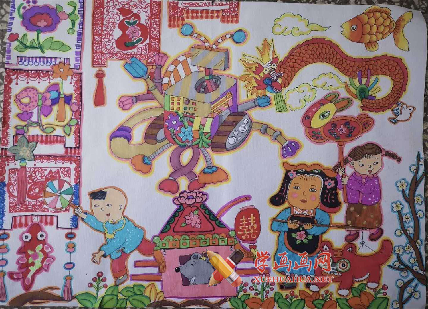 查看原始大图 小学生获奖科幻画赏析《民俗保护仪》(1)