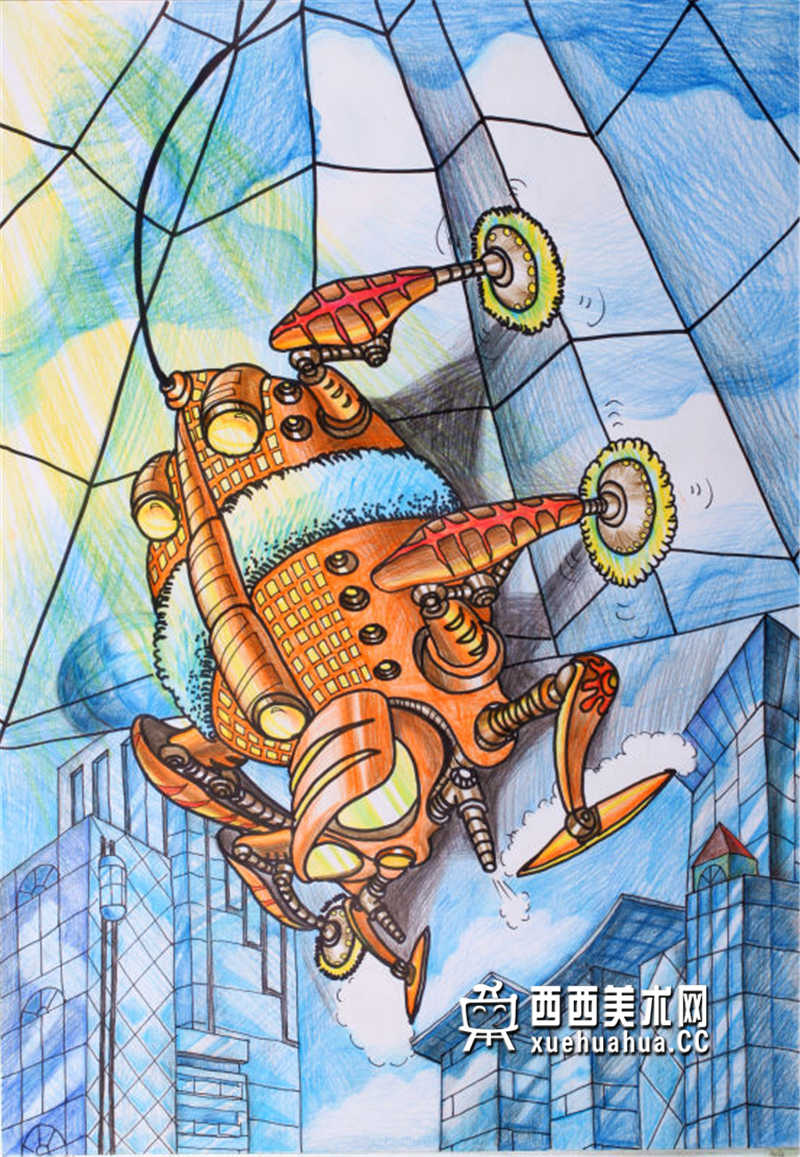 查看原始大图 一等奖小学生获奖科幻画《高楼外墙清洁机》赏析(1)