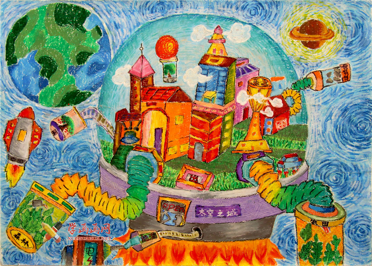 查看原始大图 三等奖优秀科幻画《太空城市》赏析(1)