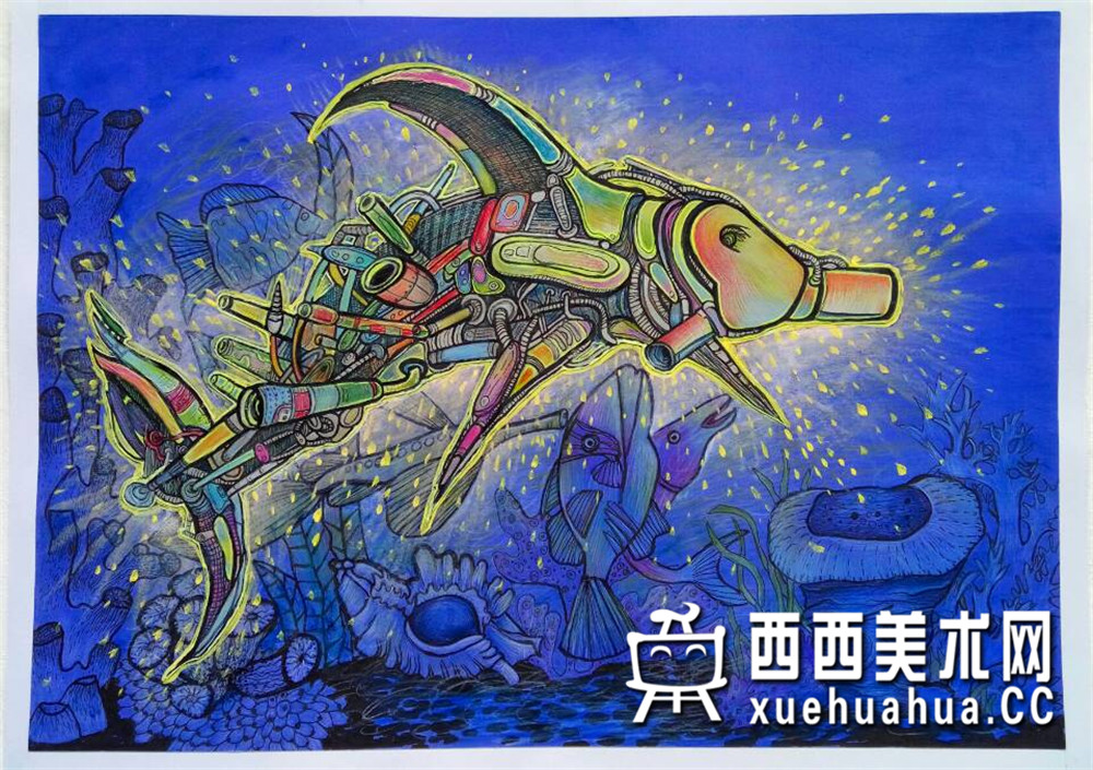 一等奖小学生获奖科幻画《海底生物维护机器鱼》赏析(1)