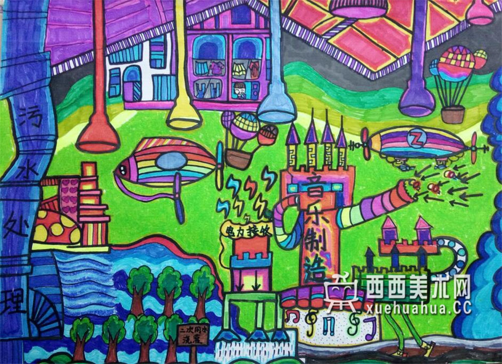 三等奖小学生环保科幻画《音乐污水处理器》(1)