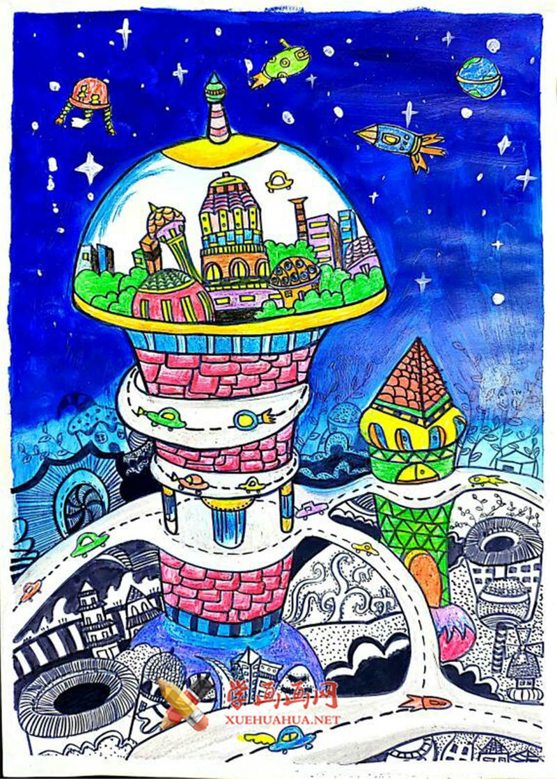 三等奖儿童科幻画《空中城市》(1)