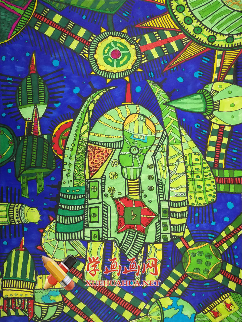 查看原始大图 获奖小学生科幻画《太空环保站》(1)