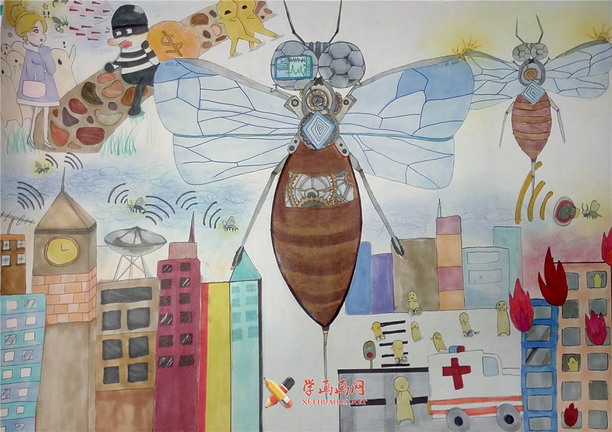 查看原始大图 中学生三等奖科幻画《機械蜜蜂》(1)