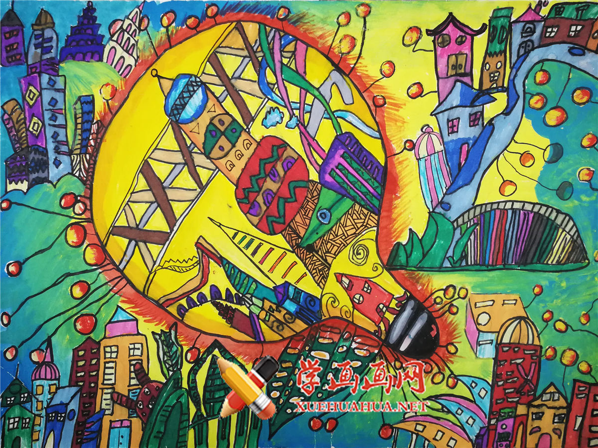 查看原始大图 小学生三等奖获奖科幻画《神奇的灯泡屋》(1)