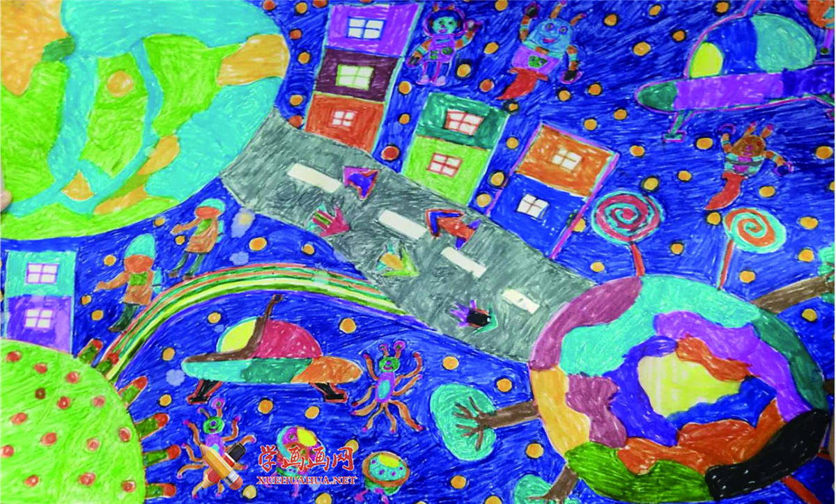 查看原始大图 中学生三等奖小学生科幻画作品《太空幻想》(1)