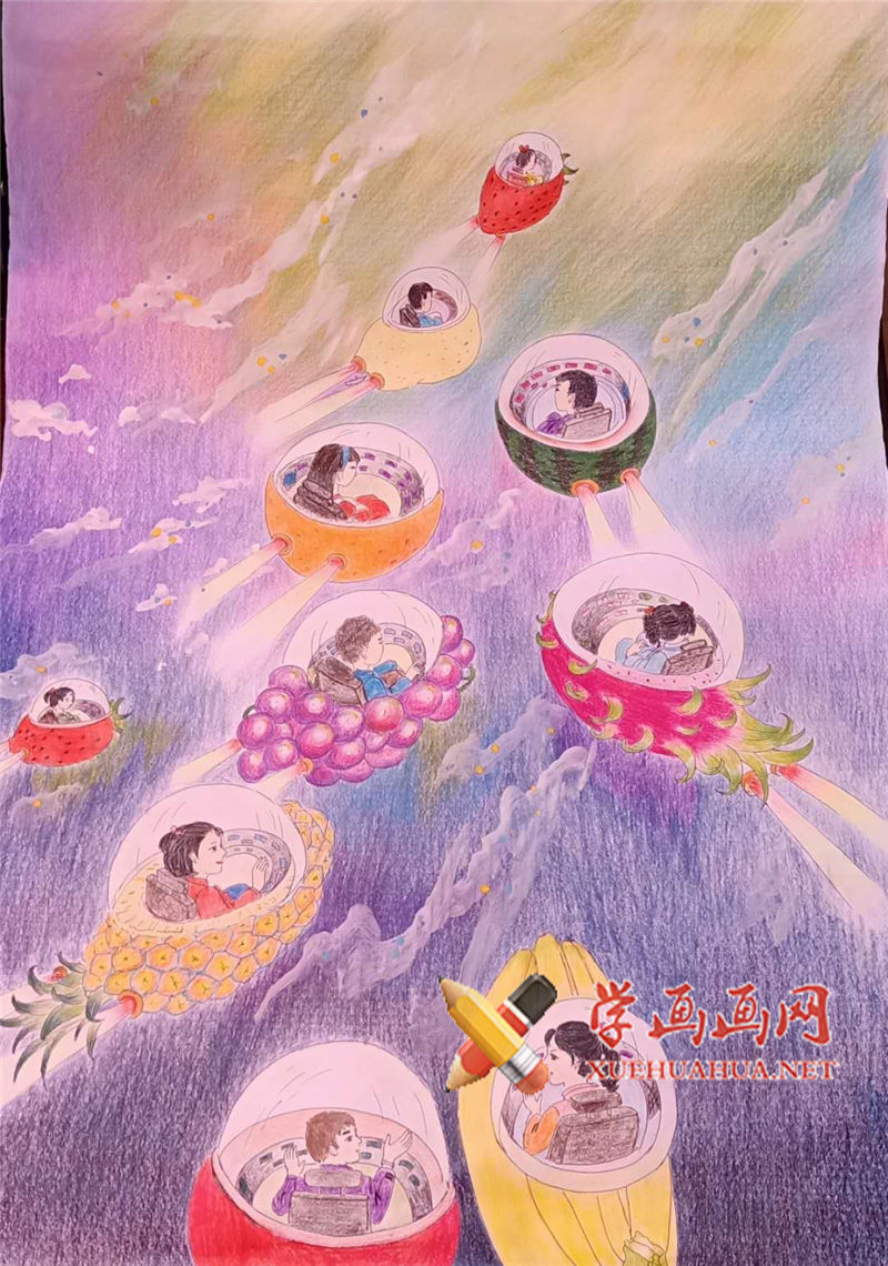 三等奖小学生科幻画《上学去》(1)