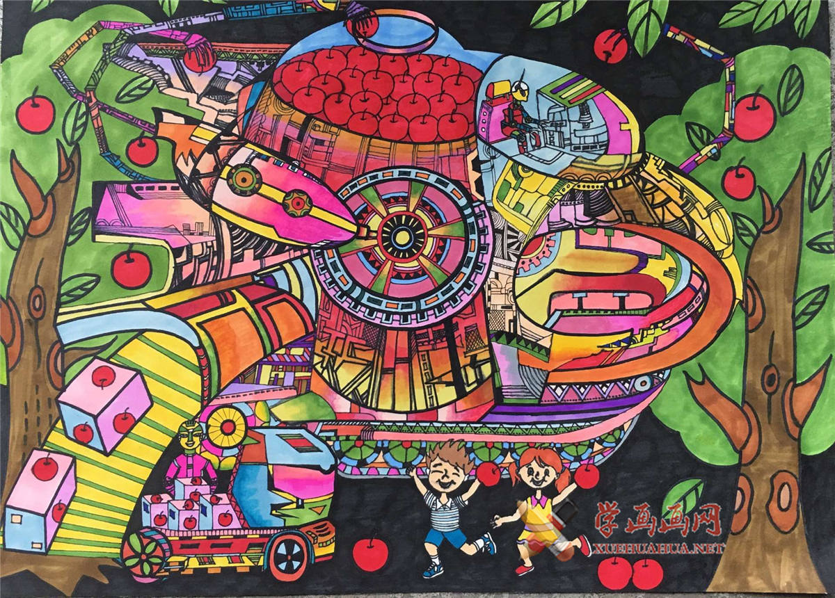 查看原始大图 儿童科幻画:《多功能智能采摘机》(1)