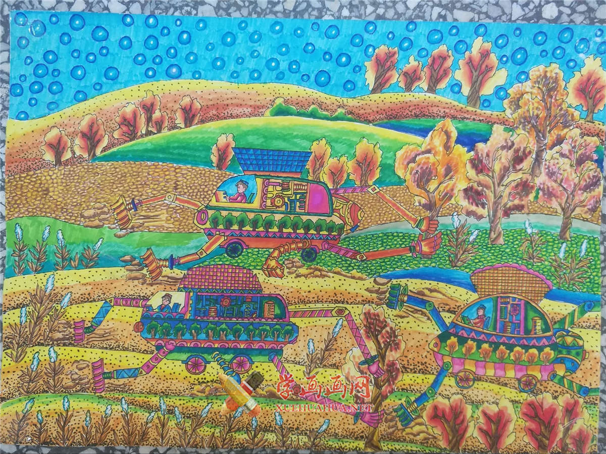 查看原始大图 获奖儿童科幻画《戈壁胡杨种植机》(1)