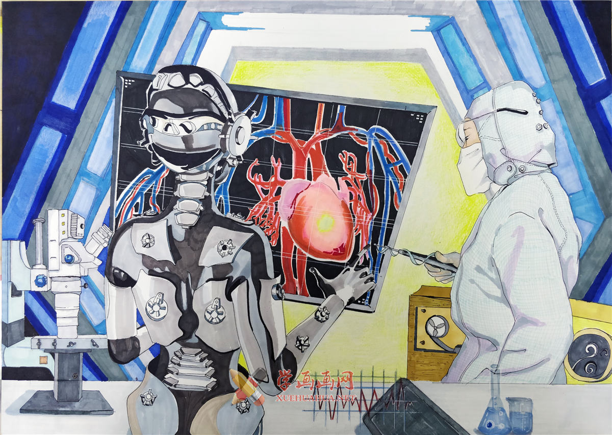 查看原始大图 一等奖小学生科幻画作品赏析《光学镊子与生物细胞》(1)