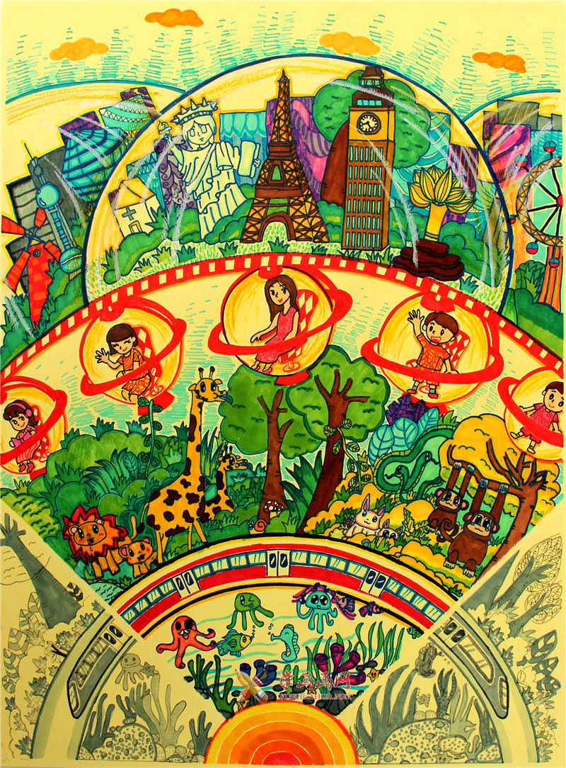 查看原始大图 二等奖小学生科幻画《海陆空和谐新世界 》(1)