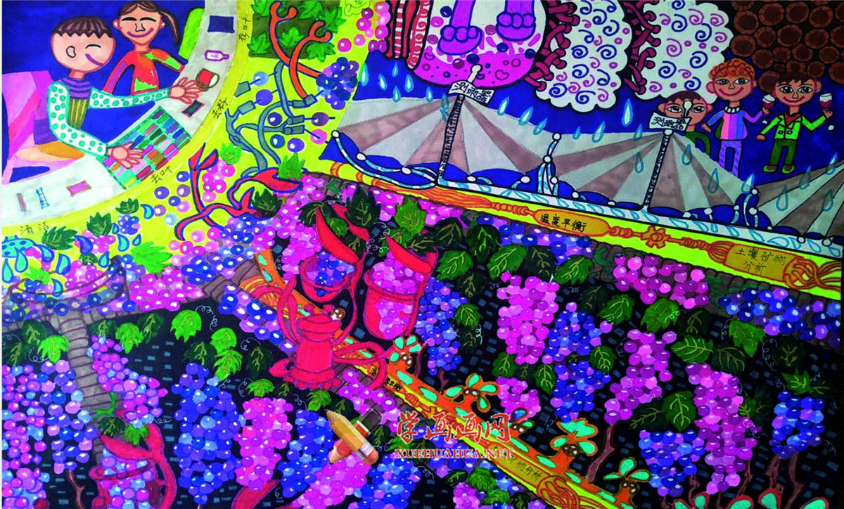 小学生科幻画作品《塞上紫色葡萄园》欣赏(1)