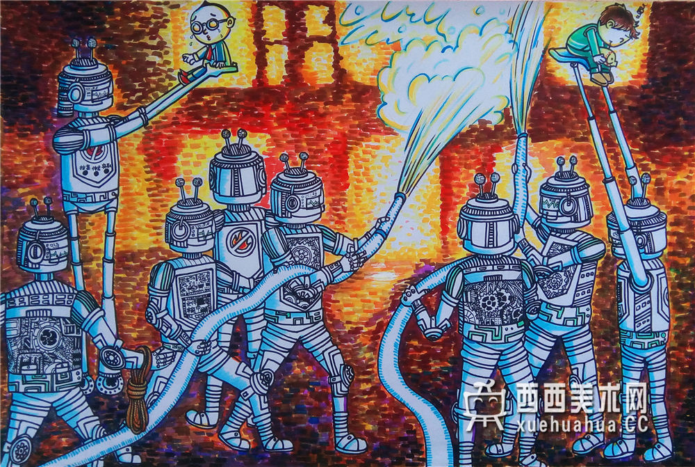 查看原始大图 儿童获奖科幻画《智能灭火机器人》(1)