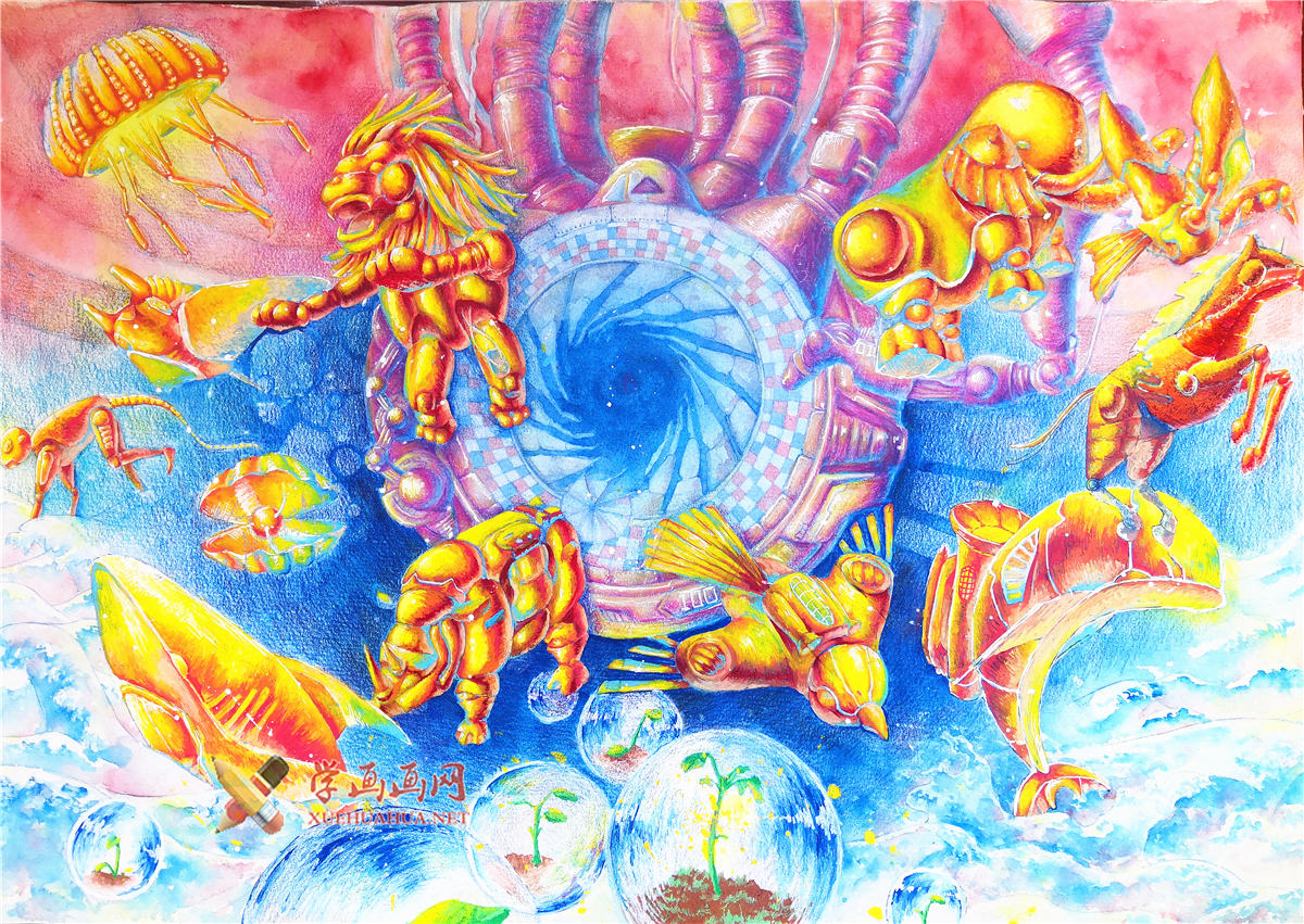 查看原始大图 一等奖中学生获奖科幻画赏析《生态平衡维护机》(1)