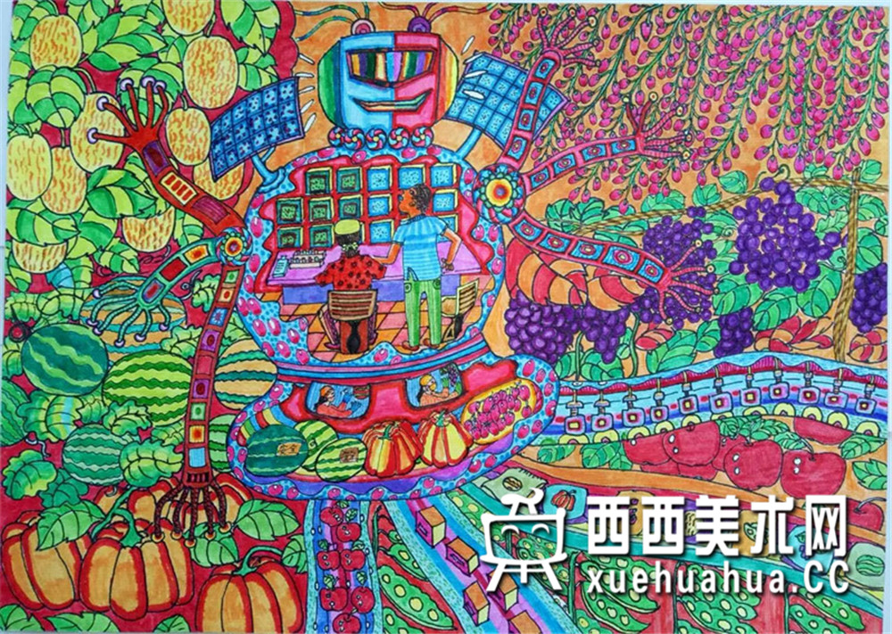 查看原始大图 一等奖小学生获奖科幻画《瓜果种植、修剪、检测、包装一体全能机器》赏析(1)