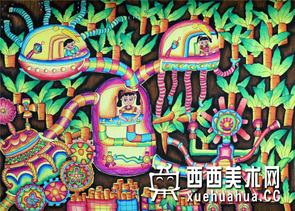 二等奖中学生获奖科幻画《胡萝卜采收机》欣赏(1)