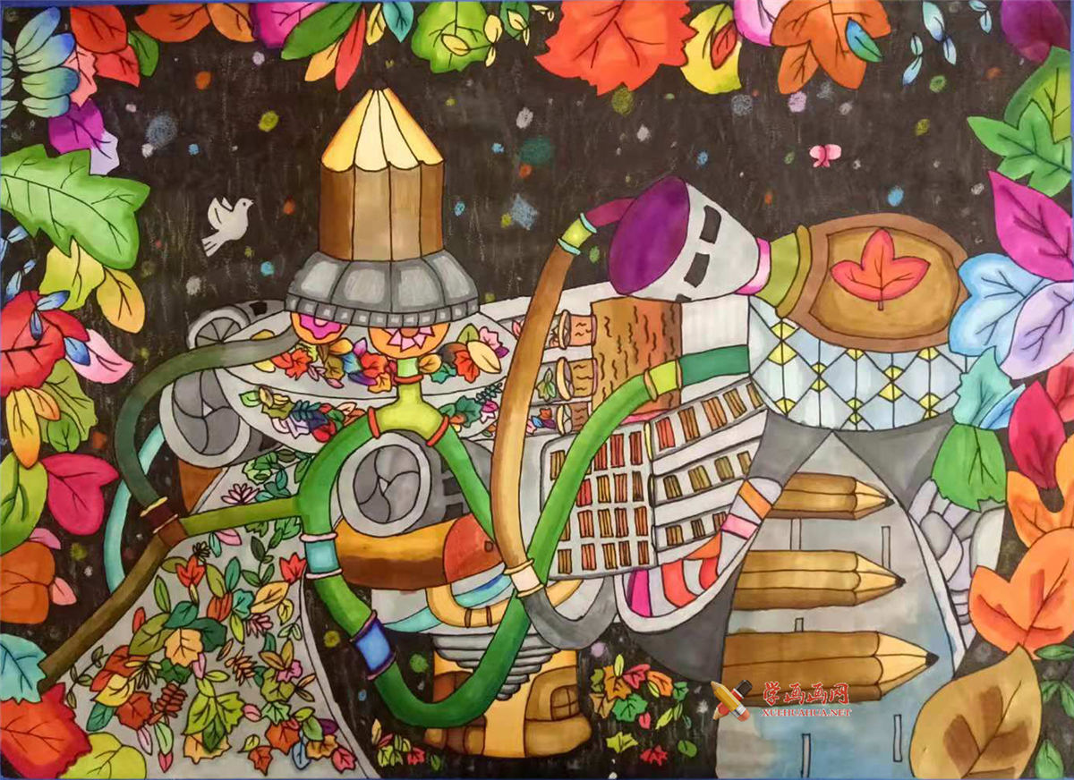 查看原始大图 优秀二等奖科幻画作品《落叶铅笔制造机》(1)