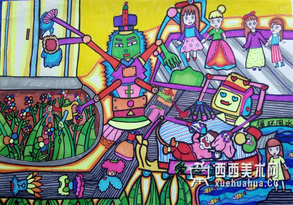 查看原始大图 中学生科幻画《家政宝宝机》(1)