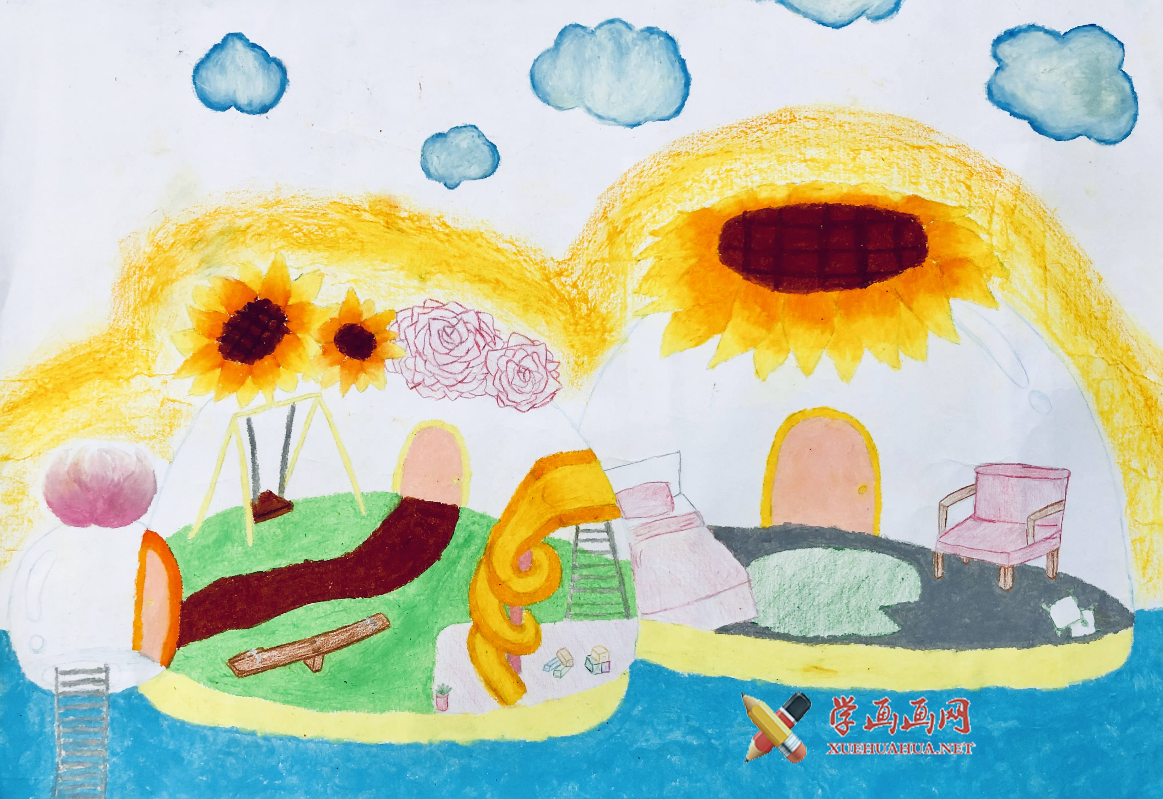 查看原始大图 三等奖小学生获奖科幻画赏析《水上水晶玻璃房子》(1)
