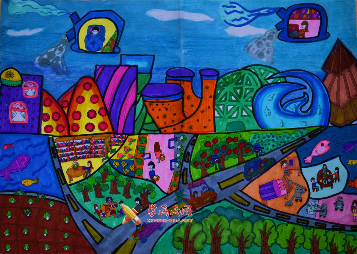 三等奖中学生环保科幻画《太阳能新型家园》(1)