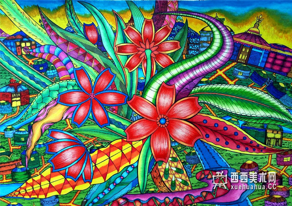 查看原始大图 优秀中学生获奖科幻画《草原生物供电站》欣赏(1)