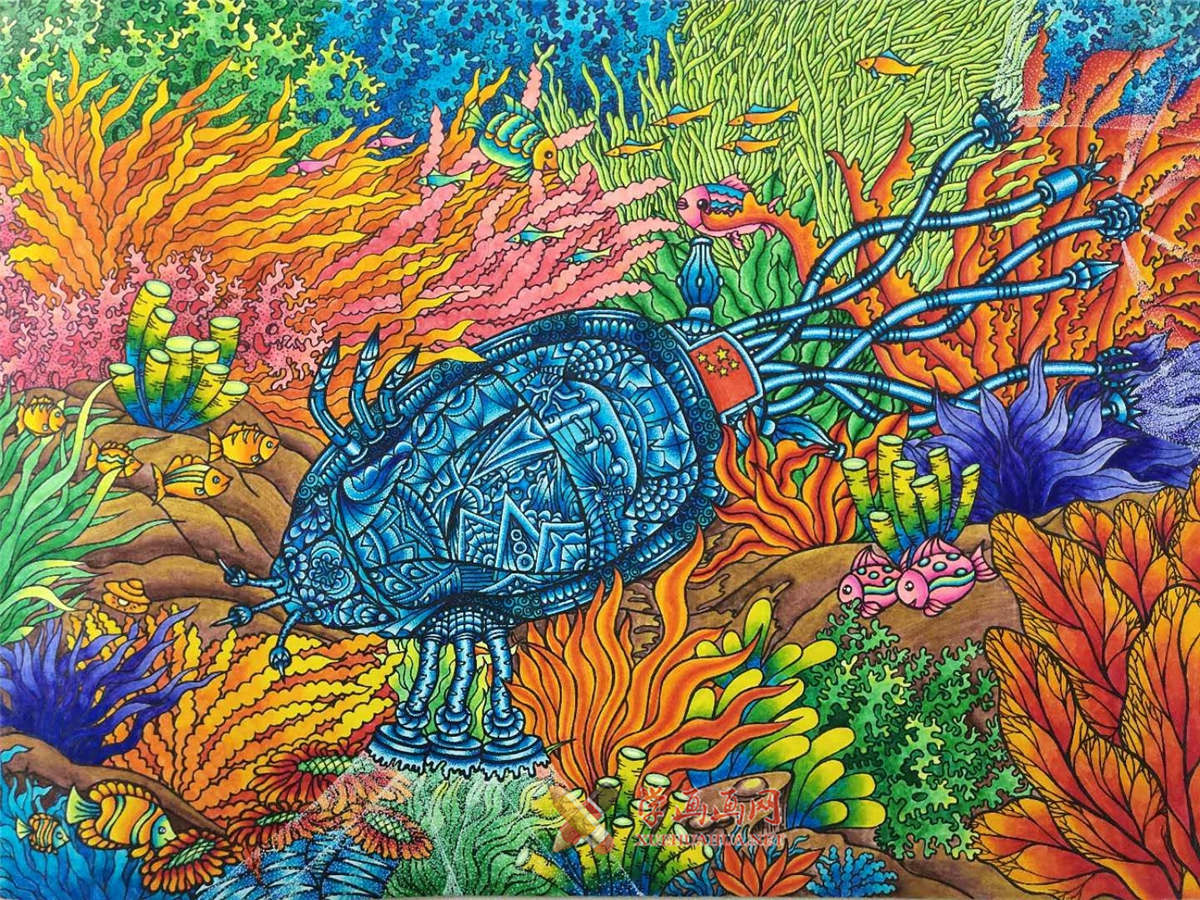 中学生一等奖环保科幻画《海底能源绿行者》(1)