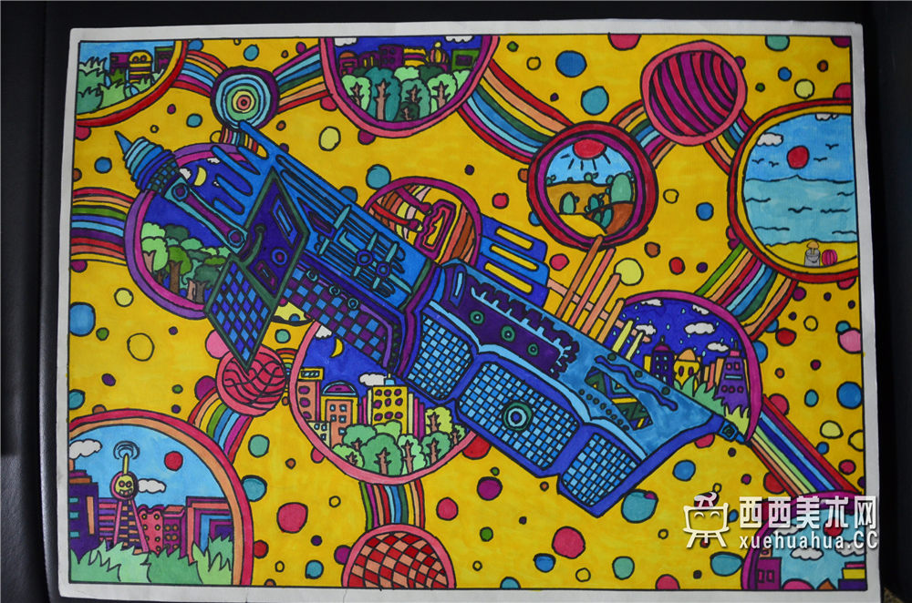 查看原始大图 三等奖小学生获奖科幻画《未来的空中家园》赏析(1)