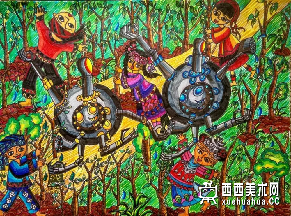 二等奖小学生获奖科幻画《多功能植树机》欣赏(1)