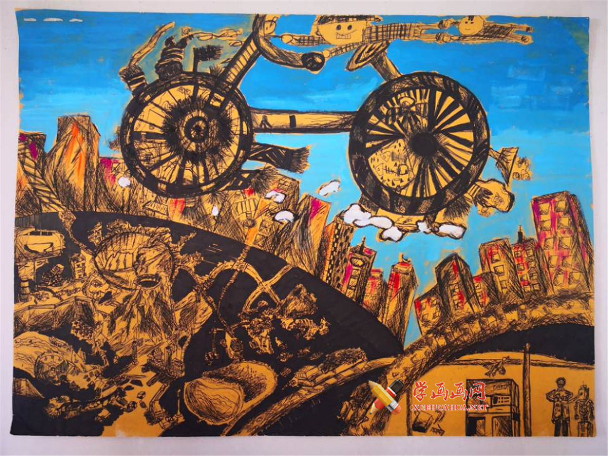 查看原始大图 三等奖小学生科幻画《我设计的除尘自行车》(1)