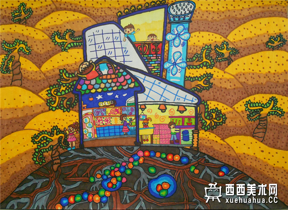 查看原始大图 二等奖小学生获奖科幻画《沙漠“绿芝蓝”》赏析(1)