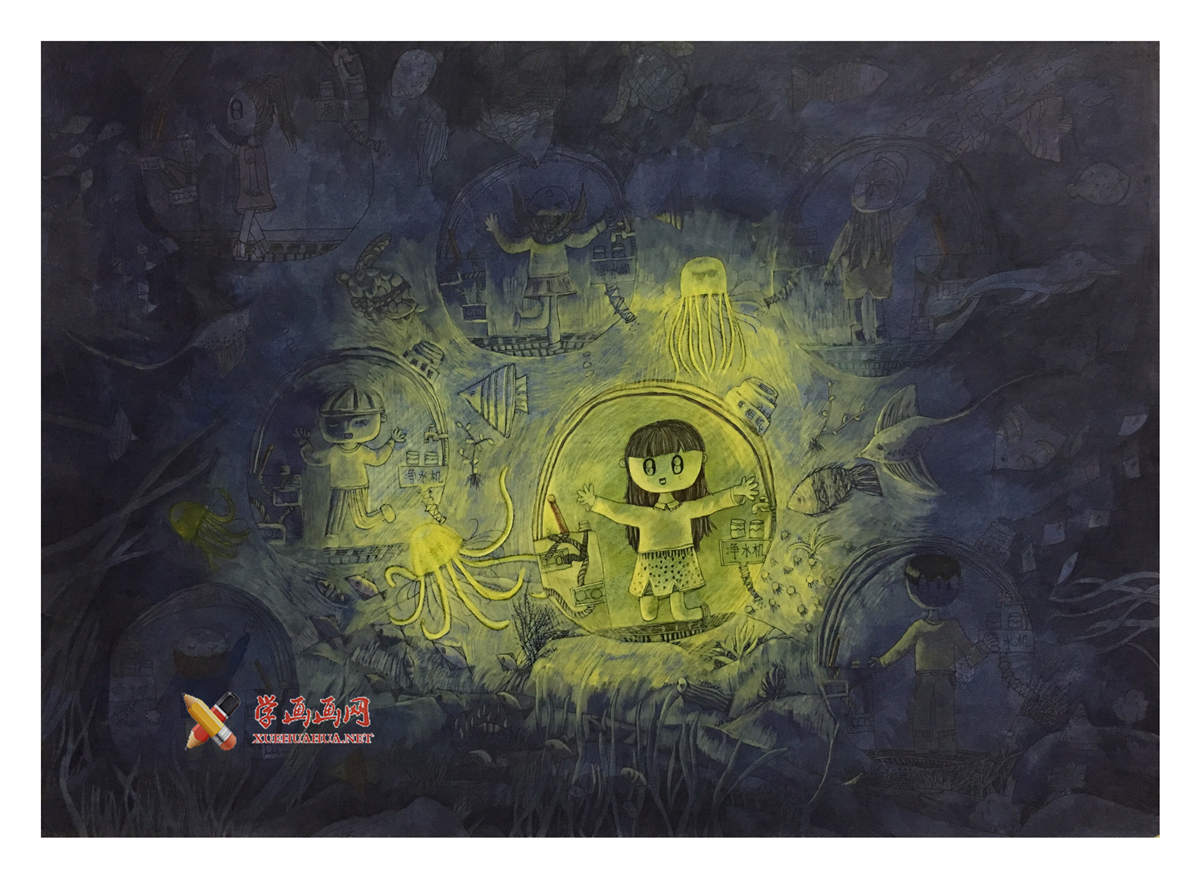 小学生一等奖优秀科幻画《水底环游泡泡球》赏析(1)