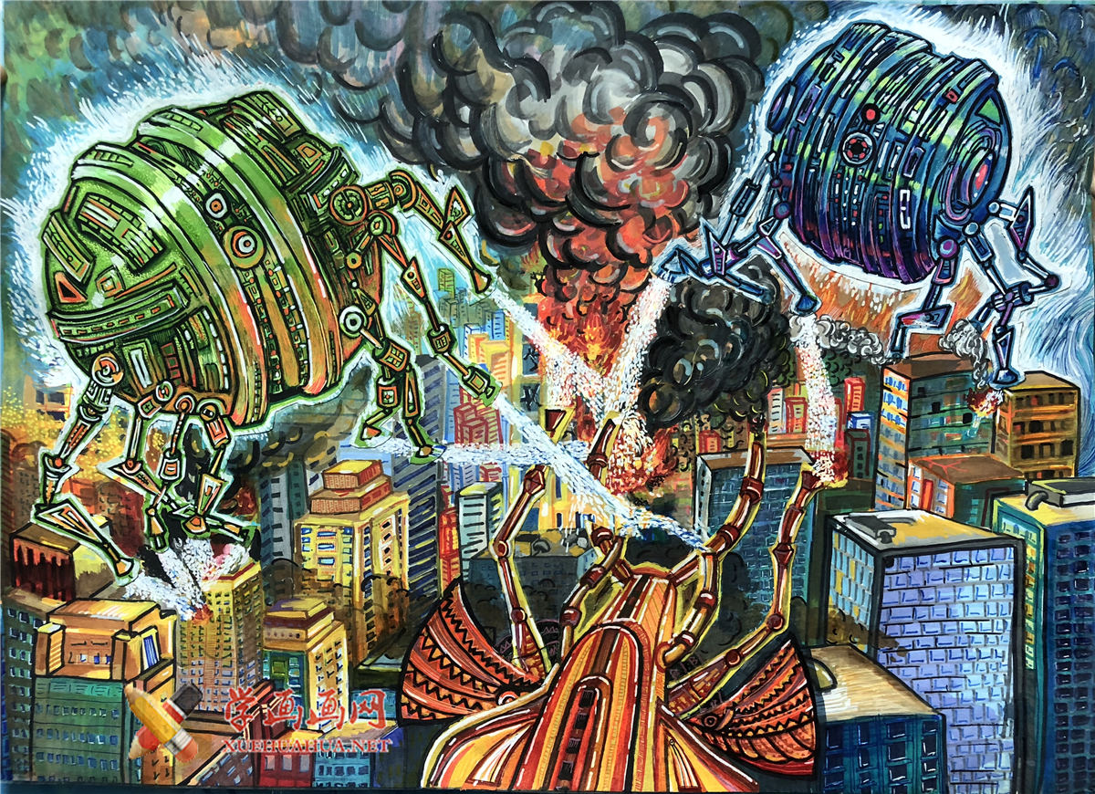 查看原始大图 一等奖小学生获奖科幻画《未来的消防安全护卫队》(1)