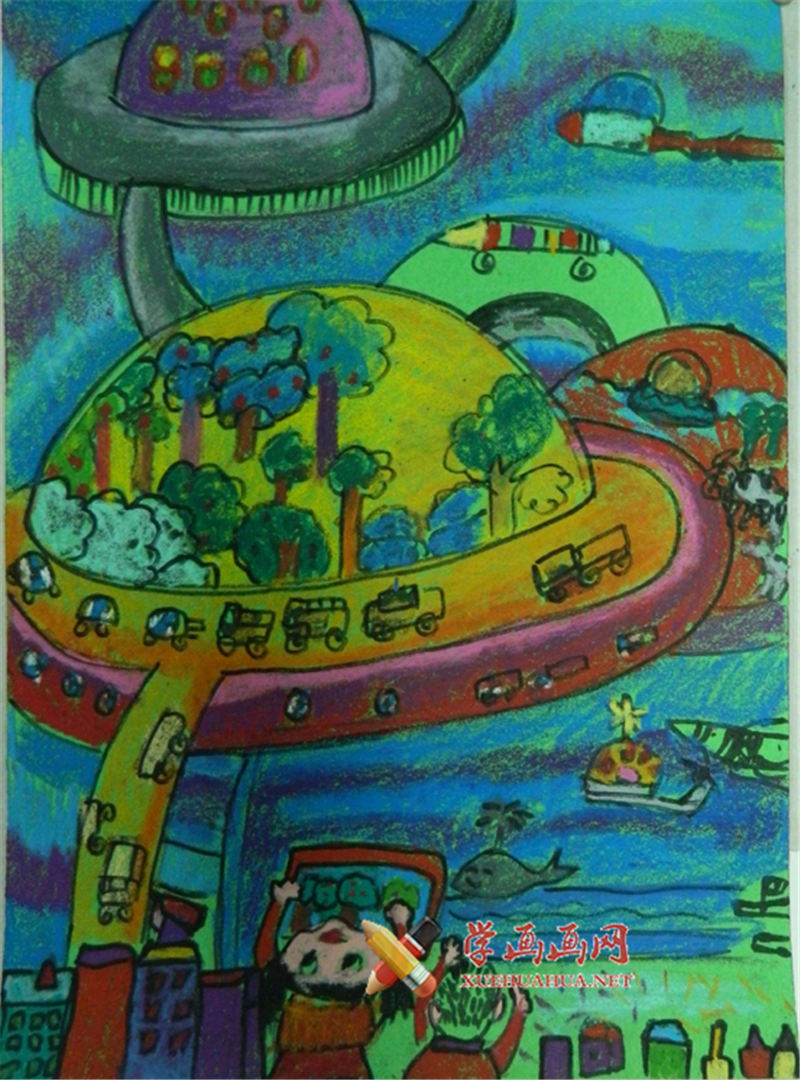 二年级小学生科幻画《未来的城市》(1)